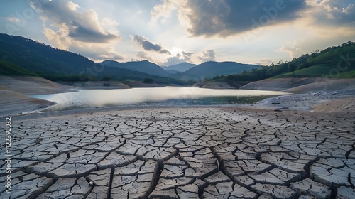 Dried lake and river on summer and blue sky photo