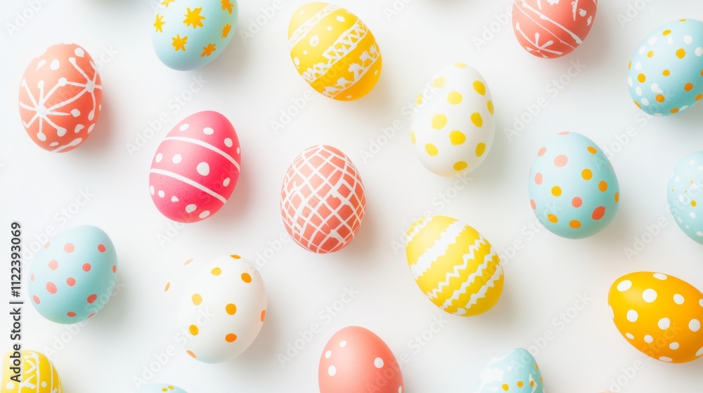Fototapeta premium Colorful decorated eggs arranged on a white surface for spring celebration activities
