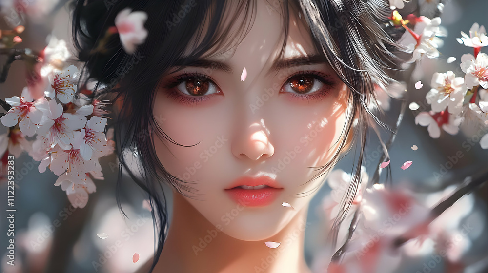 Digital Art: Woman with Brown Eyes, Surrounded by Cherry Blossoms, Peaceful, Serene Digital Art: Woman with Brown Eyes, Surrounded by Cherry Blossoms, Peaceful, Serene