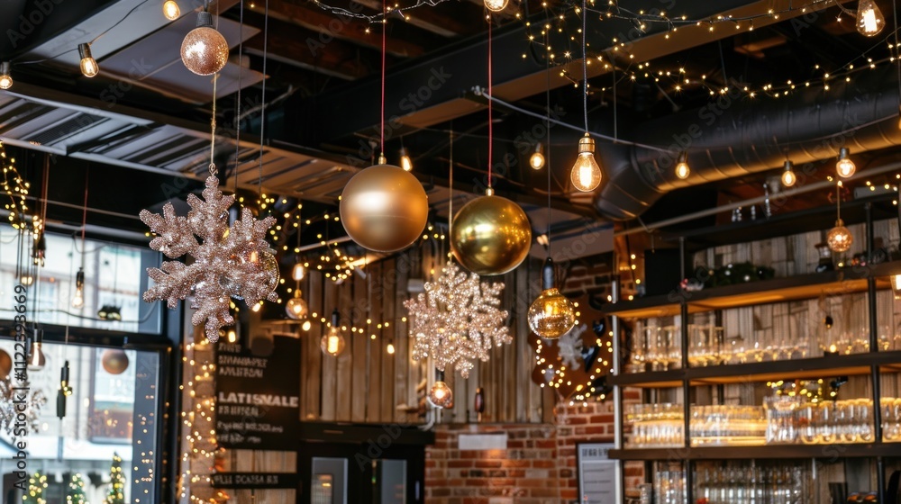 Obraz premium Festive restaurant interior with hanging ornaments, lights, and snowflakes.