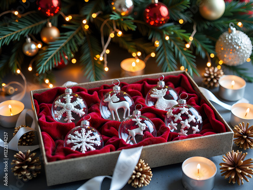 Elegant glass ornaments in velvet box surrounded by warm candlelight and festive decor, photography of still life concept. photo