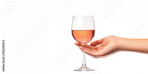 Advertising Concept of Hand Holding a Glass of Pink Wine on White Background for a Modern, Stylish, and Clean Look photo