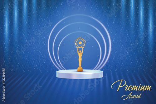 Premium Award On Podium With Beam Lights Falling On Blue Background. Royal Ethnic Theme Elements Concept Design Vector Illustration For Grand Music Concert, Movie, Party, Festival Celebration Etc.