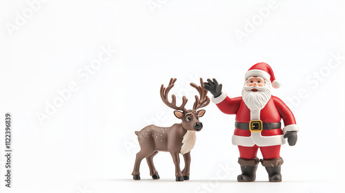 3D rendering of olly Santa Claus Waving and Standing Next to a Reindeer in Festive Holiday Setting for Christmas Graphics , on white background photo