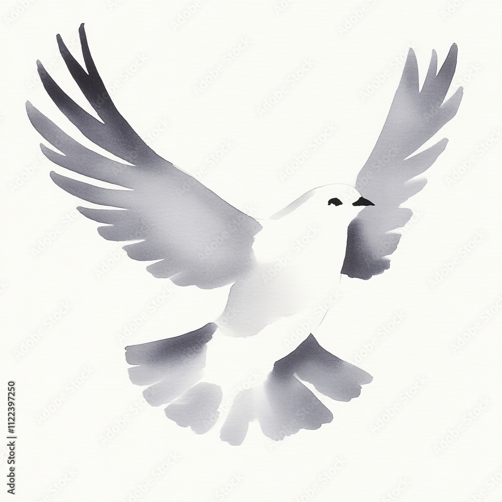 Obraz premium A grayscale illustration of a dove in flight, wings spread wide against a white background.