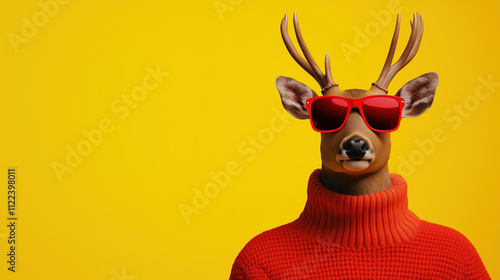 Minimalist Christmas Concept Featuring a Cool Deer Wearing Red Sunglasses and a Knitted Sweater, Perfect for Festive Designs and Banner Templates. photo