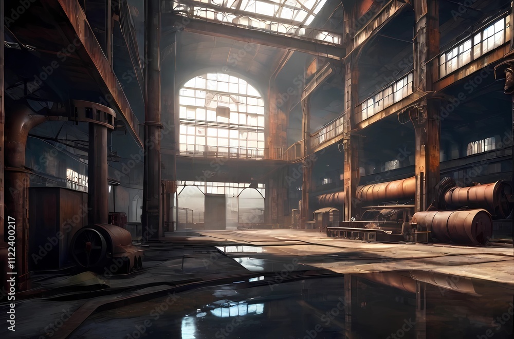 Fototapeta premium ゲーム背景 利用されなくなって機能停止した廃工場中 