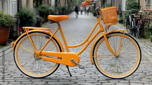 Vintage Orange Bicycle Rides Cobblestone Streets photo