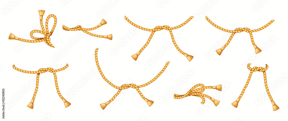 Obraz premium Golden silk ropes tied in various intricate knots realistic color icons set. Elegant tassels on twines 3d objects bundle on white background