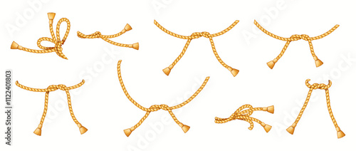 Golden silk ropes tied in various intricate knots realistic color icons set. Elegant tassels on twines 3d objects bundle on white background