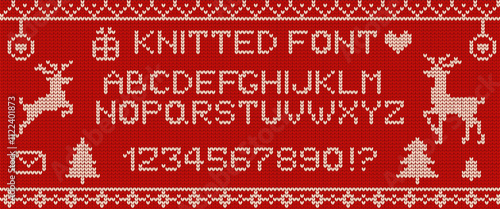 Knitted letters and digits font icons and elements vector illustrations on red background. Cute design for Christmas celebration elements collection