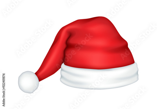 Classic red Santa hat with fur ball realistic vector illustration. Festive spirit of Christmas holiday 3d object on white background