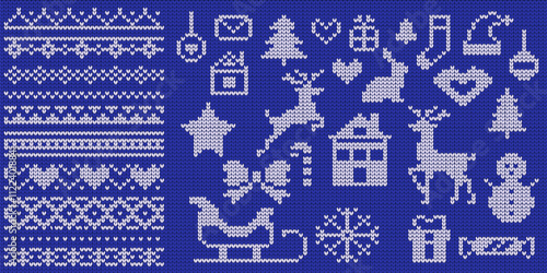 Knitted Christmas patterns and symbols vector illustrations set on blue background. Traditional New Year holiday design elements collection