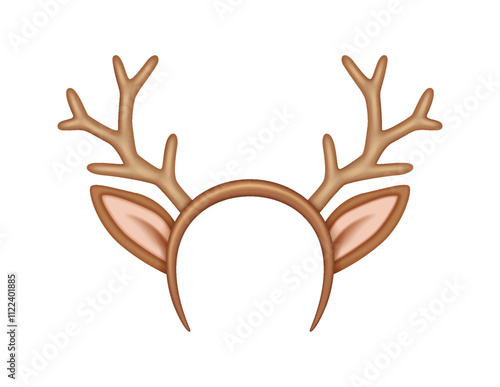 Festive reindeer antlers headband with ears realistic vector illustration. Christmas celebration accessory 3d object on white background