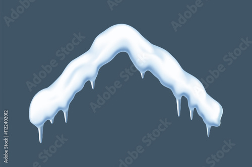 Snow layer with icicles on rooftop realistic vector illustration. Winter season cozy atmosphere decorative element 3d object on grey background
