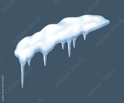 Snowdrift with icicles hanging down realistic vector illustration. Serene winter decor perfect for Christmas 3d object on grey background