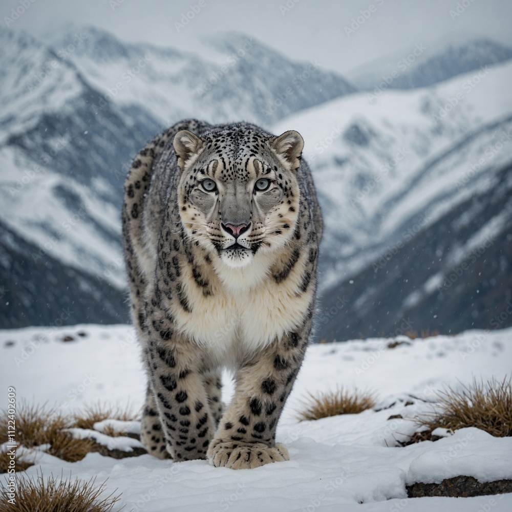 Fototapeta premium A snow leopard prowling through a snowy mountain landscape.