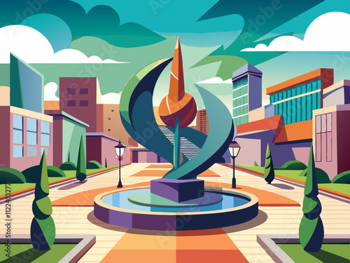 colorful illustration of a city plaza with an abstract sculpture as the focal point.