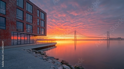 Wallpaper Mural Vibrant sunrise over calm water, modern building, and suspension bridge. Torontodigital.ca