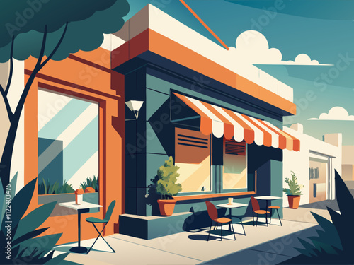 colorful illustration of a contemporary coffee shop with an outdoor seating area and geometric signage.