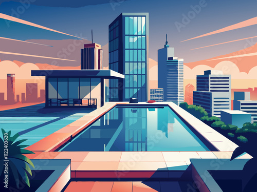 colorful illustration of a high-rise with a rooftop pool and panoramic city views.