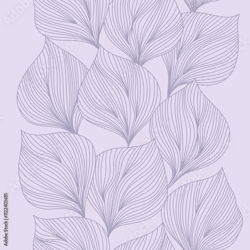 Abstract seamless pattern featuring delicate, muted purple leaves in a minima...