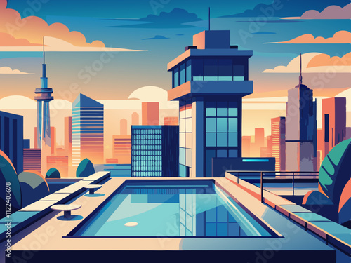 colorful illustration of a high-rise with a rooftop pool and panoramic city views.