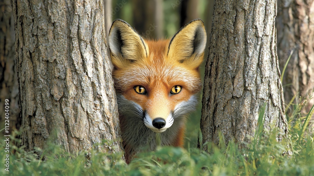 Fototapeta premium Red fox peering from between trees.