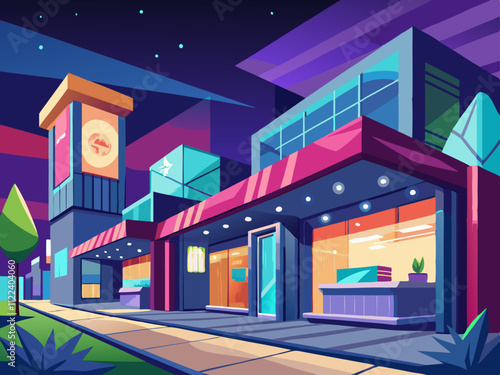 colorful illustration of a modern outdoor shopping plaza with glowing signage and glass storefronts.