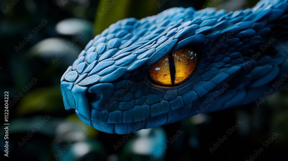 Fototapeta premium Close-up of a Blue Viper Snake's Head with Glowing Eye