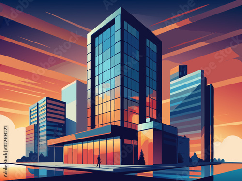 colorful illustration of a modern skyscraper with glass facades reflecting the sunset.