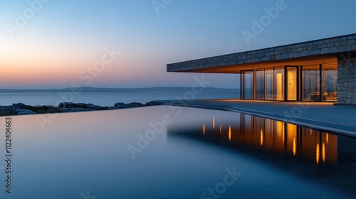 Wallpaper Mural Modern minimalist house with infinity pool at sunset, reflecting lights in water. Torontodigital.ca