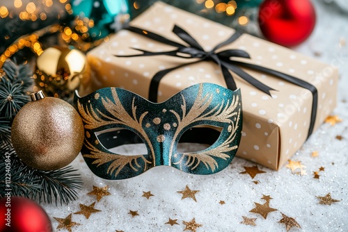 Elegant Green Masquerade Ball Mask and Christmas Decor for Festive New Year's Celebration photo