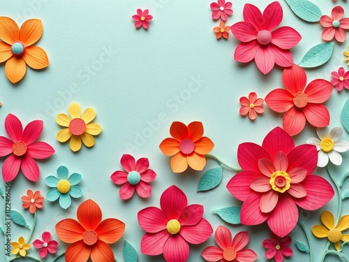 Striking background with paper cut flowers in rich colors and soft light reflections, design, creative