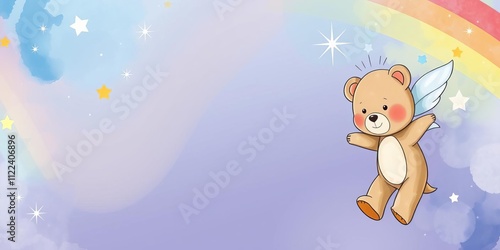 Teddy bear flying over a vibrant rainbow in a whimsical watercolor style on a white background, fantasy, children photo