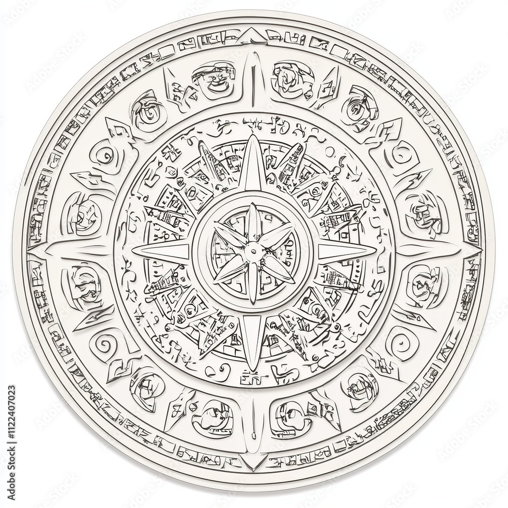 Fototapeta premium Circular design with intricate patterns, symbols, and a central compass rose.