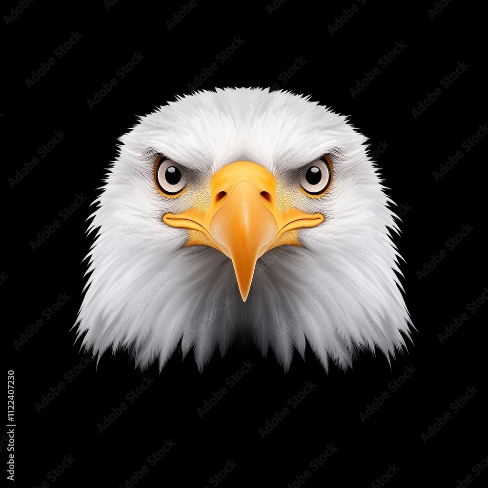 Close-up of a bald eagle's head, intense gaze, white feathers, yellow beak, black background. Close-up of a bald eagle's head, intense gaze, white feathers, yellow beak, black background.