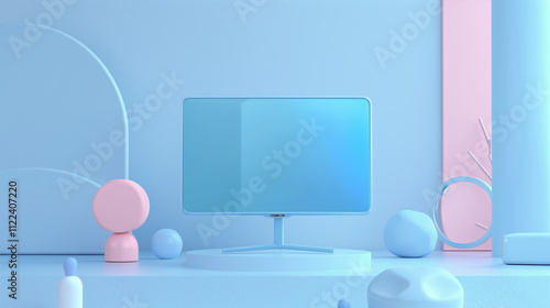 Elegant Blue Monitor on Wall in Minimalist Advertising Style with Soft Lighting and Pastel Colors, Perfect for Tech Company Branding photo