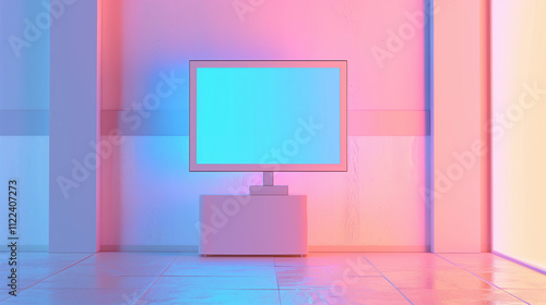 Modern Blue Monitor on the Wall, 3D Rendering in a Minimalist Style with Soft Lighting and Clean Design for Innovative Tech Company Advertising. photo