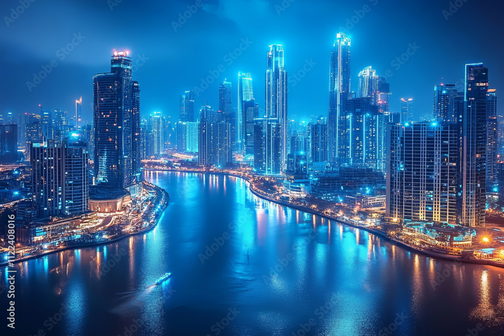 Fototapeta premium vibrant futuristic city skyline at night with glowing lights and reflections