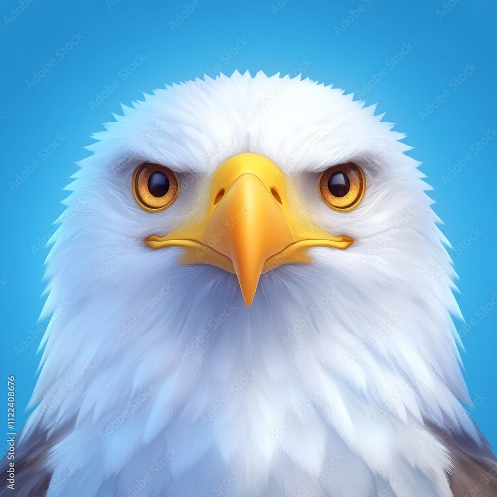 Obraz premium Close-up portrait of a bald eagle's head and shoulders against a bright blue background.