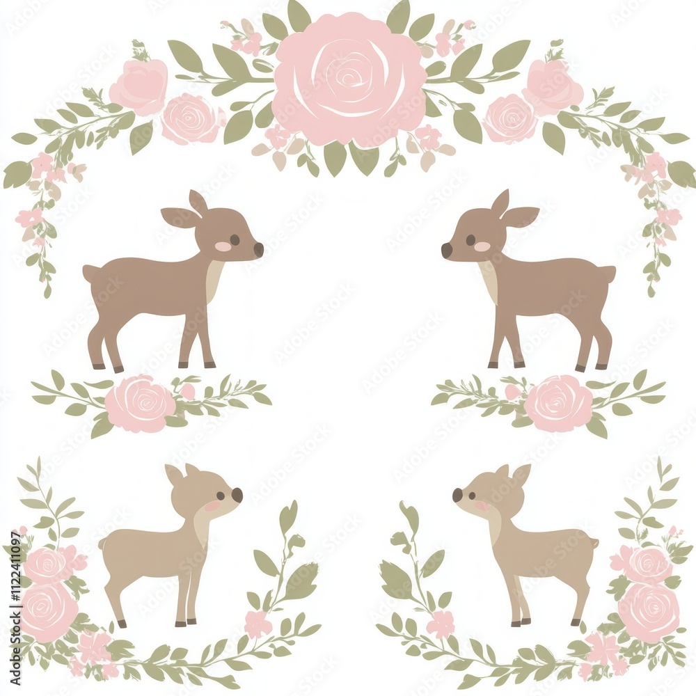Fototapeta premium Cute deer couple with floral frame illustration.