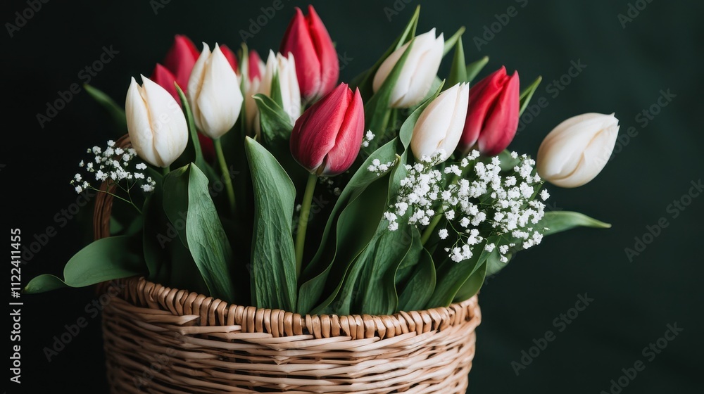 Obraz premium Elegant Basket of Tulips and Baby's Breath on Dark Background