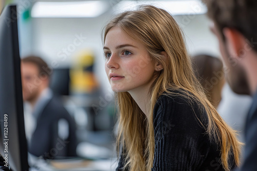 focused woman engaged in team discussion at work