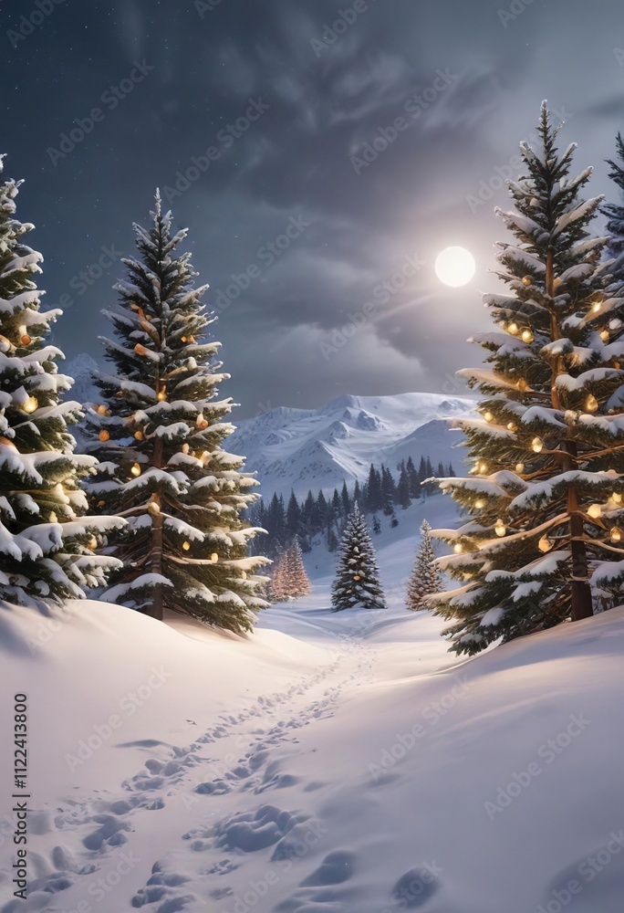 Fototapeta premium Snow-covered landscape with Christmas trees and lights, , winter wonderland
