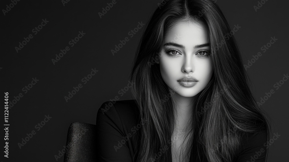 Fototapeta premium High-end fashion photography of a person seated in a modern chair, looking confident in a timeless black and white photo, with dramatic studio lighting and a sophisticated expression 