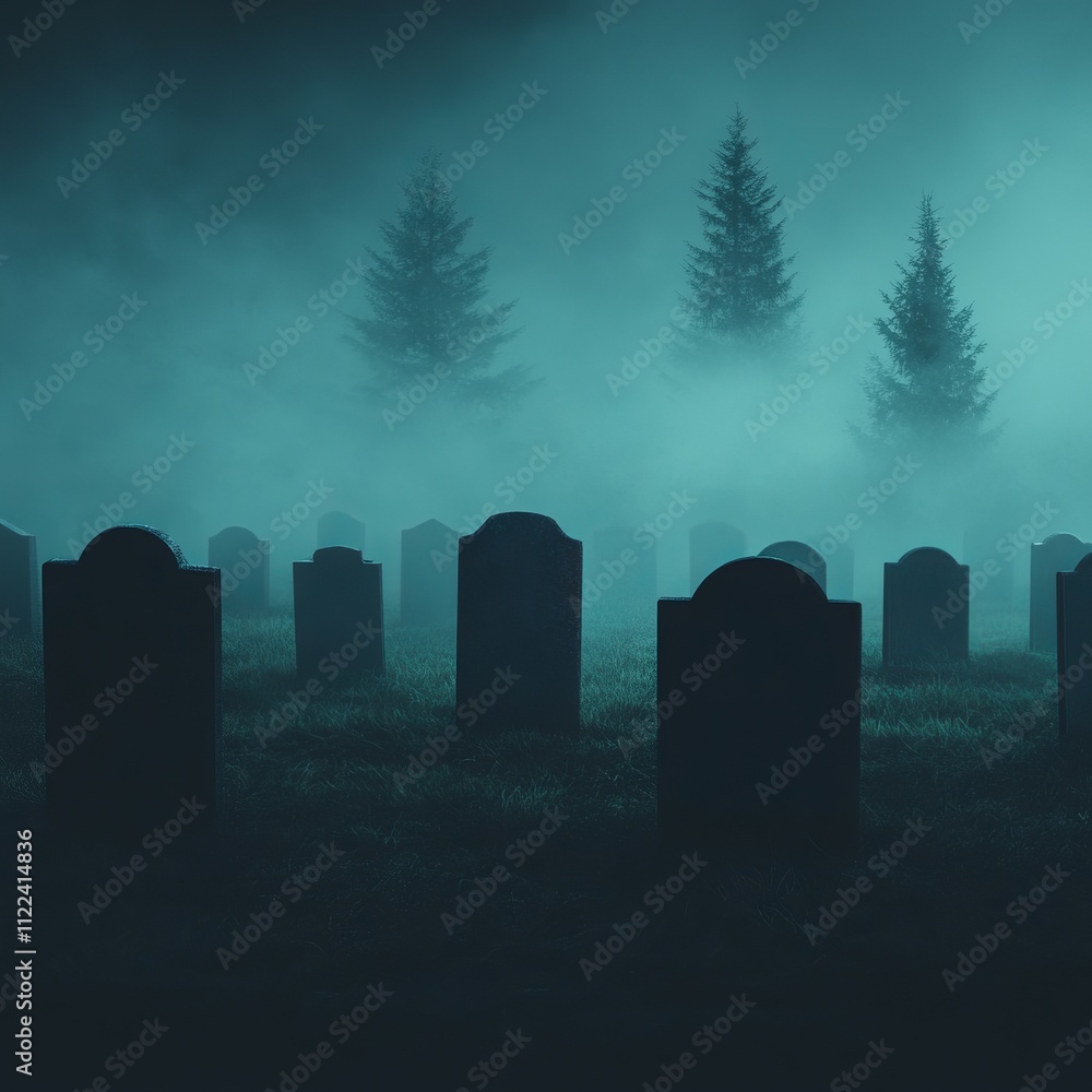 Foggy graveyard with numerous headstones at night. Foggy graveyard with numerous headstones at night.