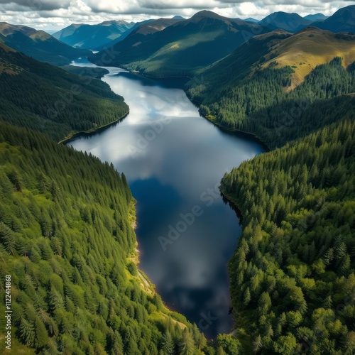 Aerial view, serpentine lake, dense pine forests, mountainous landscape, dramatic clouds, sunlit hills, deep blue water, winding river valley, lush green wilderness, Pacific Northwest scenery, pristin photo