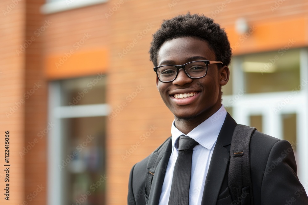 Fototapeta premium Student enjoys outdoor break at school in uniform, showcasing positivity and confidence in academic life