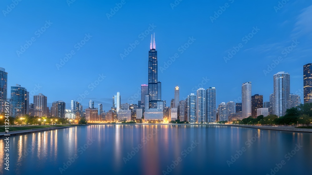 Naklejka premium Skyline view of Chicago at dusk, featuring the iconic Willis Tower.